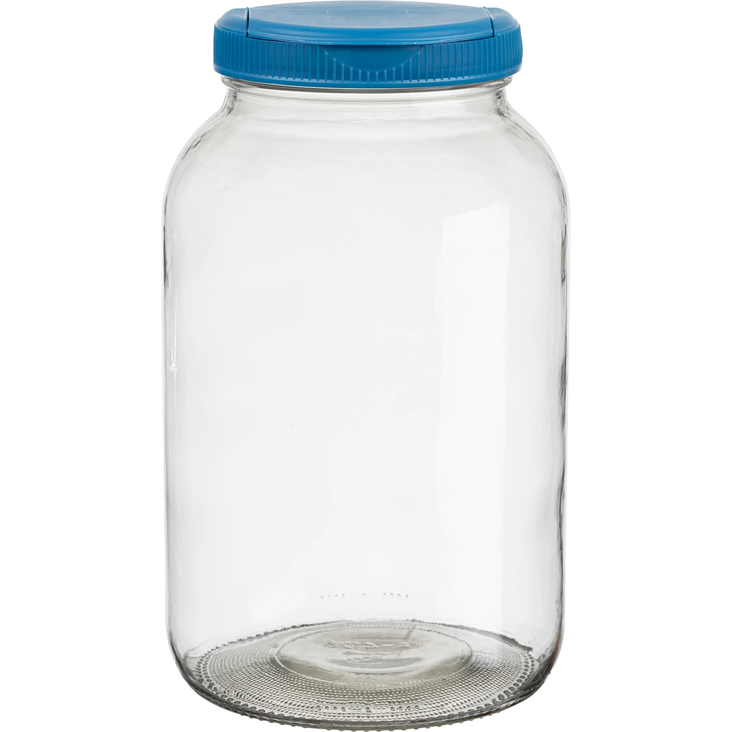 1 Gallon (128 Oz.) Wide Mouth Glass Jar W/ Blue Slotted Flapper Cap, 5 Slots, Unlined, 110mm 110-400